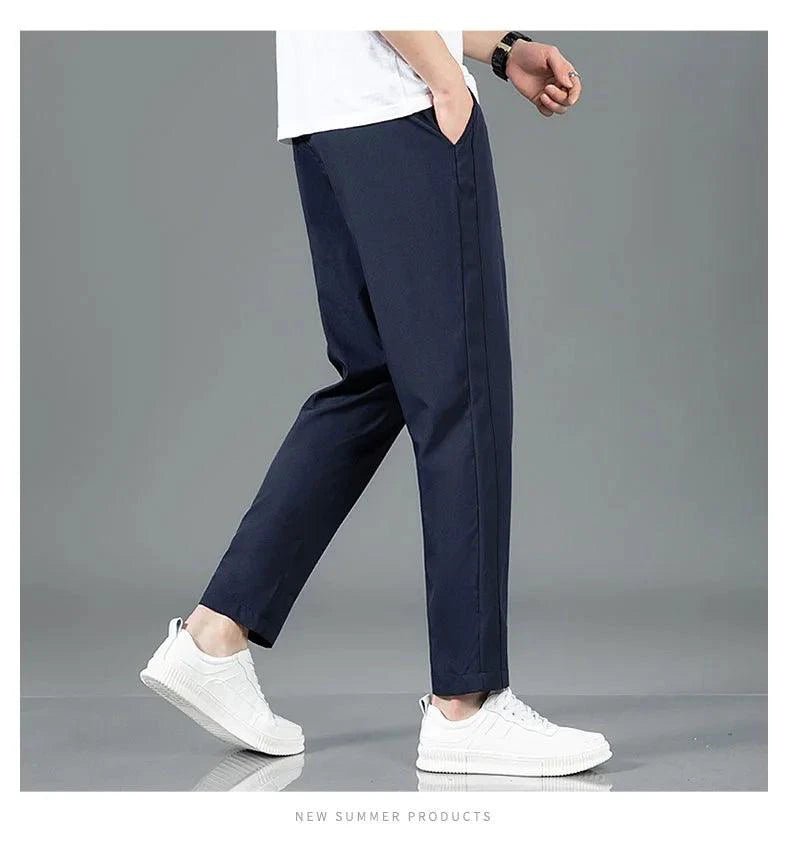Ice Silk Men's Pants 2025 Summer New Black Gray Thin Business Casual Pants Outdoor Elastic Breathable Straight Leg Sweatpants - MANDOTOS