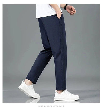 Ice Silk Men's Pants 2025 Summer New Black Gray Thin Business Casual Pants Outdoor Elastic Breathable Straight Leg Sweatpants - MANDOTOS