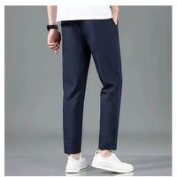 Mandotos Ice Silk men's summer casual pants in black and gray, breathable, elastic, straight-leg design, suitable for outdoor and business wear.
