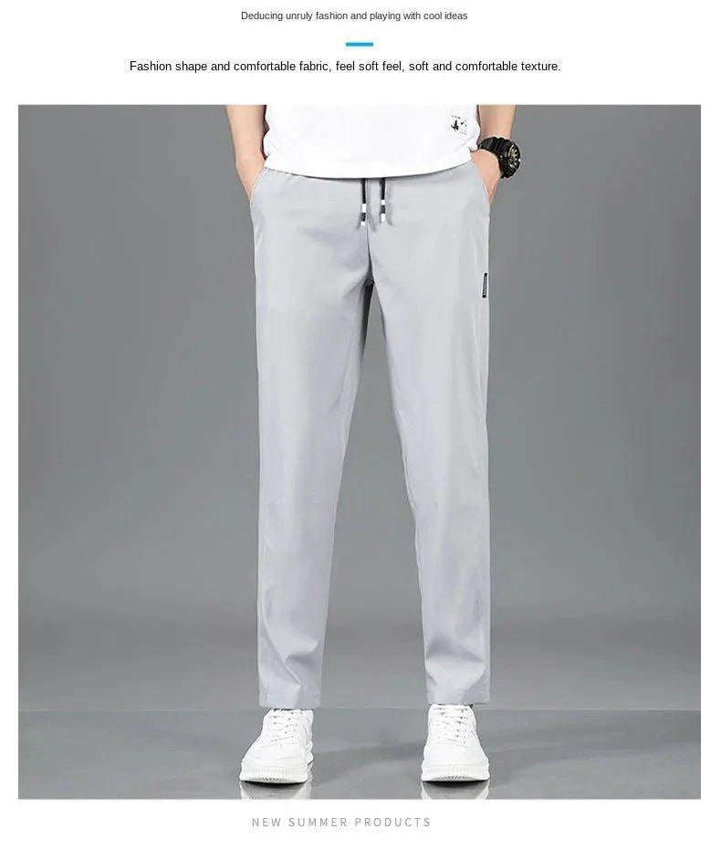 Ice Silk Men's Pants 2025 Summer New Black Gray Thin Business Casual Pants Outdoor Elastic Breathable Straight Leg Sweatpants - MANDOTOS