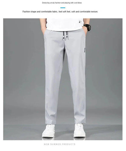 Ice Silk Men's Pants 2025 Summer New Black Gray Thin Business Casual Pants Outdoor Elastic Breathable Straight Leg Sweatpants - MANDOTOS