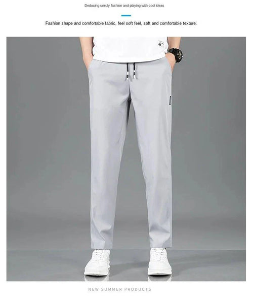 Ice Silk Men's Pants 2025 Summer New Black Gray Thin Business Casual Pants Outdoor Elastic Breathable Straight Leg Sweatpants - MANDOTOS