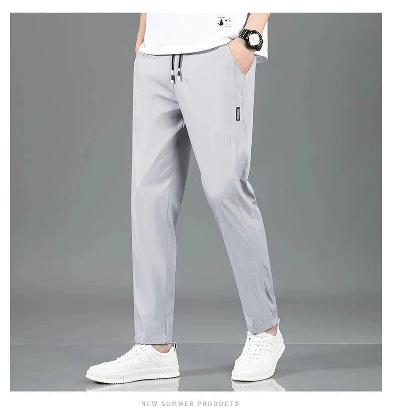Ice Silk Men's Pants 2025 Summer New Black Gray Thin Business Casual Pants Outdoor Elastic Breathable Straight Leg Sweatpants - MANDOTOS