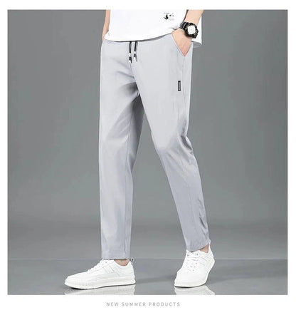 Ice Silk Men's Pants 2025 Summer New Black Gray Thin Business Casual Pants Outdoor Elastic Breathable Straight Leg Sweatpants - MANDOTOS