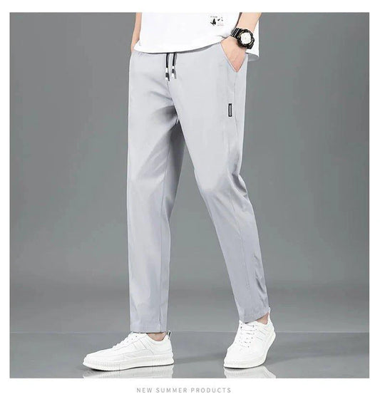 Ice Silk Men's Pants 2025 Summer New Black Gray Thin Business Casual Pants Outdoor Elastic Breathable Straight Leg Sweatpants - MANDOTOS