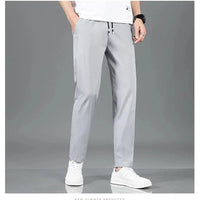 Mandotos Ice Silk men's summer pants in black and gray, lightweight, breathable, straight-leg casual or outdoor sweatpants.