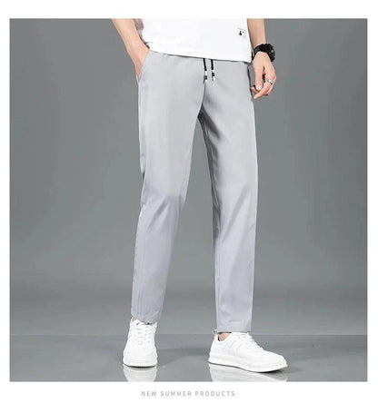 Ice Silk Men's Pants 2025 Summer New Black Gray Thin Business Casual Pants Outdoor Elastic Breathable Straight Leg Sweatpants - MANDOTOS