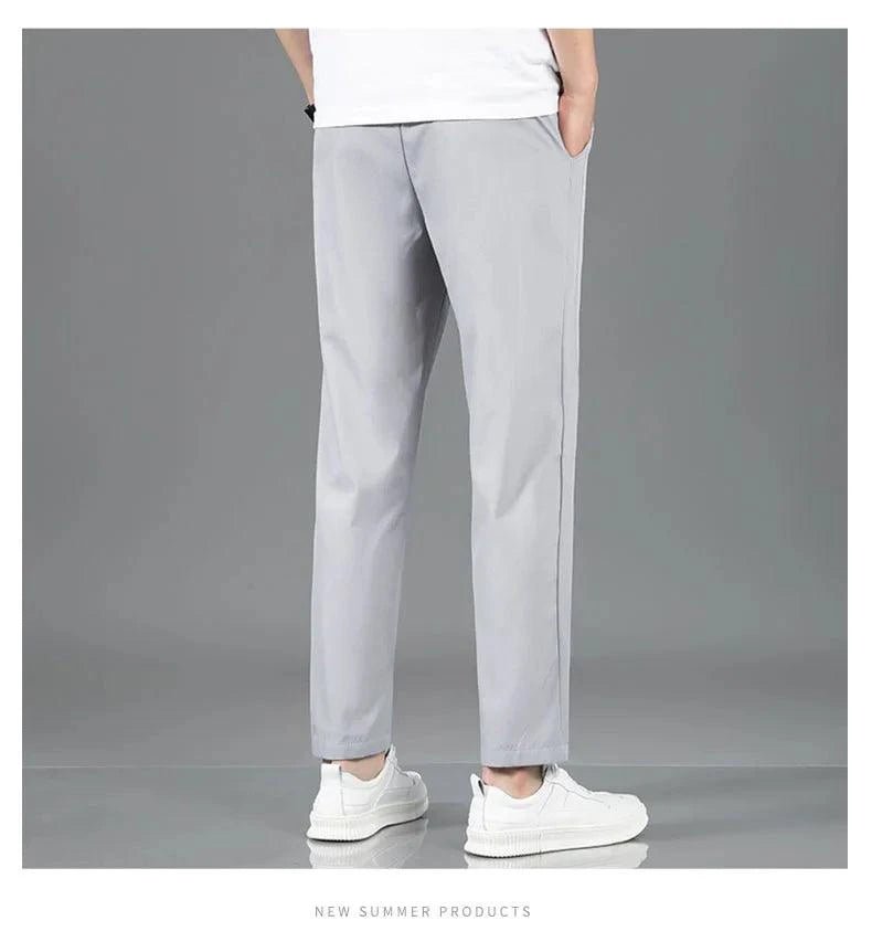 Ice Silk Men's Pants 2025 Summer New Black Gray Thin Business Casual Pants Outdoor Elastic Breathable Straight Leg Sweatpants - MANDOTOS