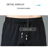 Mandotos Ice Silk men's summer black and gray casual pants with elastic waistband, breathable straight-leg design, outdoor wear