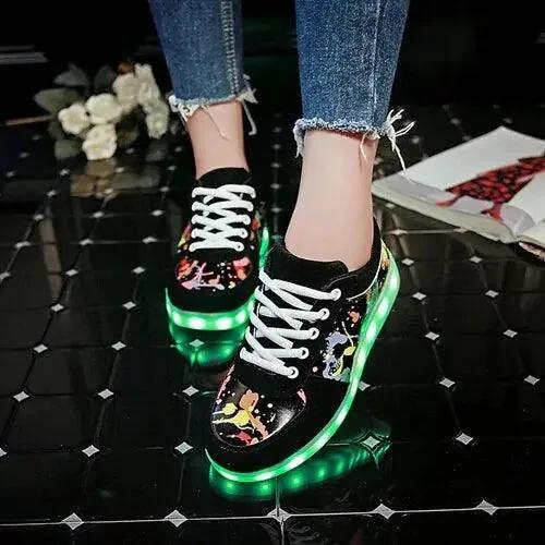 Mandotos LED light-up sneakers with sparkling soles, showcasing vibrant illumination and stylish design for active wear.