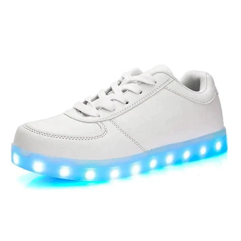 MANDOTOS LED light-up sneakers with sparkling soles, showcasing vibrant illumination and stylish design for night wear.