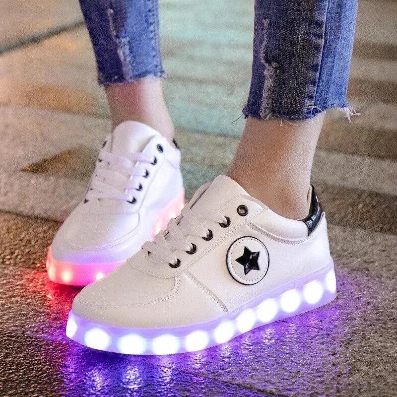 Mandotos LED light-up sneakers with sparkling soles, featuring vibrant illumination for stylish, eye-catching footwear.