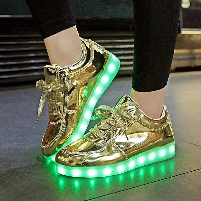 Mandotos LED light-up sneakers with sparkling soles, designed for bright, eye-catching footwear that lights up with every step.