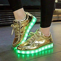 Mandotos LED light-up sneakers with sparkling soles, designed for glowing, stylish footwear for kids and teens.