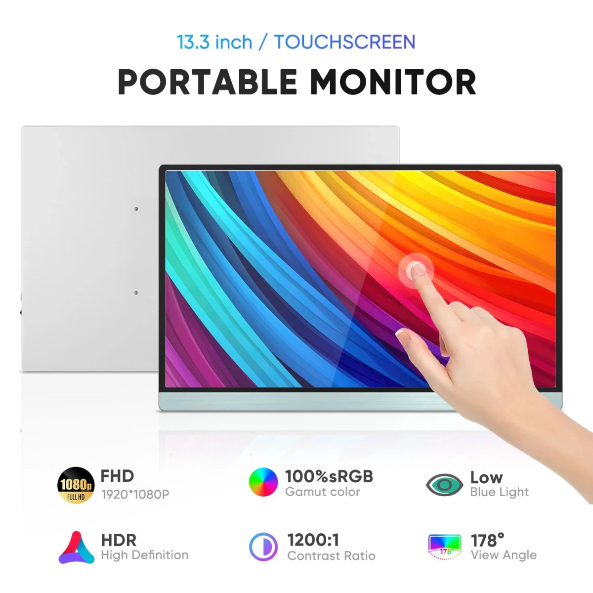 13-inch MANDOTOS International touch screen USB Type-C monitor, ideal for gaming and travel, with sleek display and portable design.