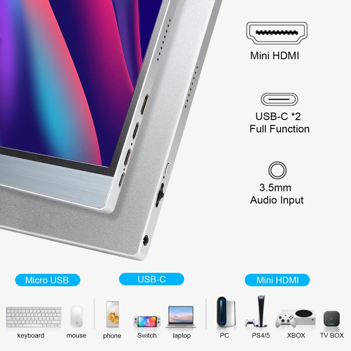 Mandotos International 13-inch touch screen USB Type-C monitor for gaming and travel, showing a sleek portable display with vibrant visuals.