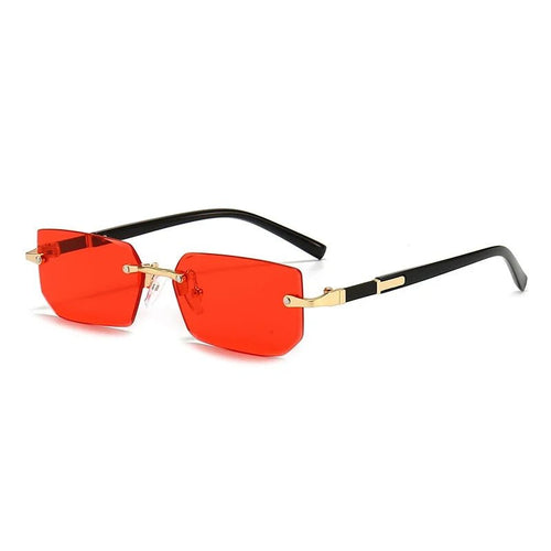 Mandotos International rimless Y2K rectangle glasses with retro gradient lenses, UV400 protection, suitable for driving and travel.