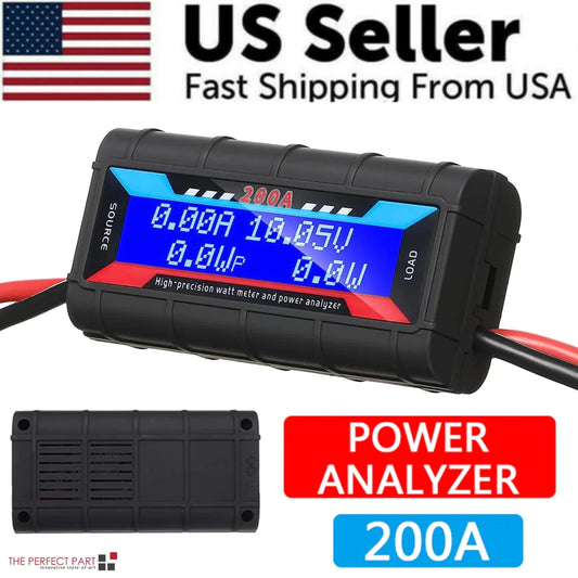 Mandotos International 200A DC LCD Power Analyzer measuring RC battery and solar panel voltage and current, compact digital display device