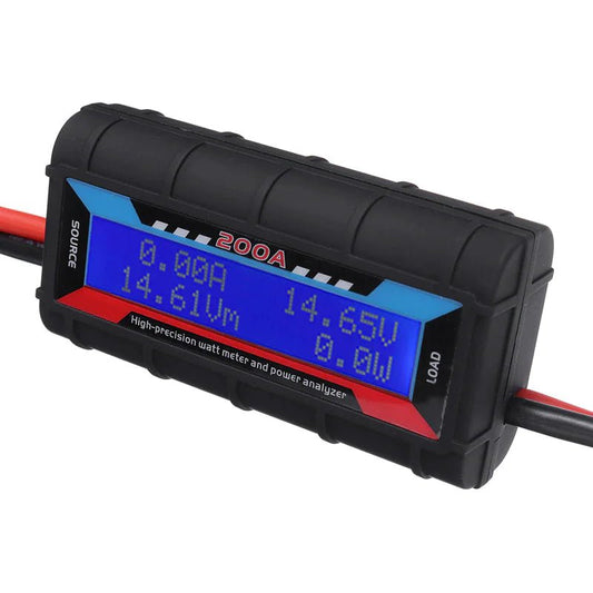 Mandotos International 200A DC LCD power analyzer showing digital display for RC batteries and solar energy monitoring.