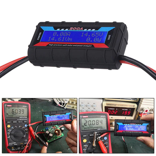 Mandotos International 200A DC LCD Power Analyzer showing digital display, used for RC batteries and solar power systems.