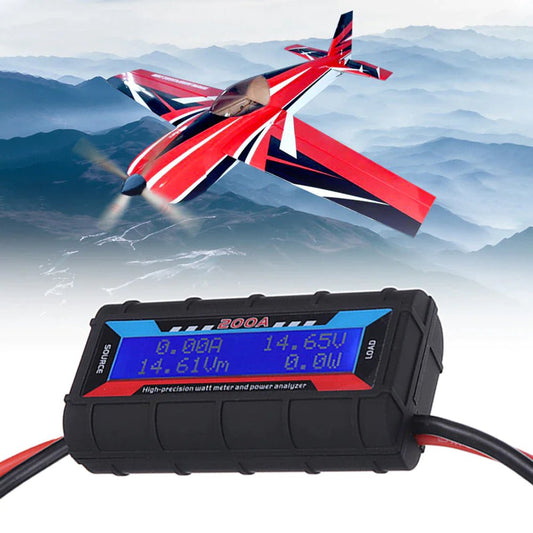 Mandotos International 200A DC LCD Power Analyzer measuring RC battery and solar power with digital display and compact design.