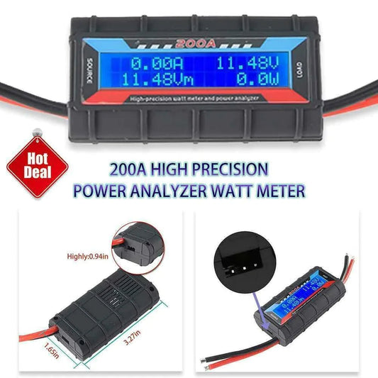 Mandotos International 200A DC LCD Power Analyzer for RC batteries and solar systems, showing digital display and connection ports.