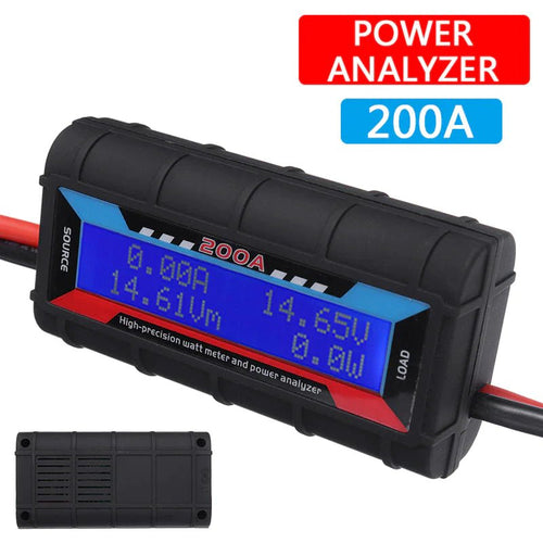 Mandotos International 200A DC LCD Power Analyzer for RC batteries and solar energy systems showing display and connection ports.