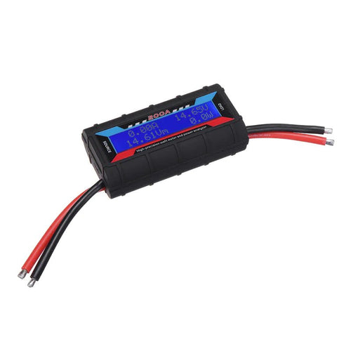 Mandotos International 200A DC LCD Power Analyzer measuring RC battery current and solar power output with digital display.