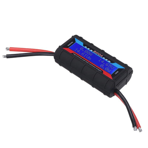 Mandotos International 200A DC LCD Power Analyzer measuring RC batteries and solar power with digital display.