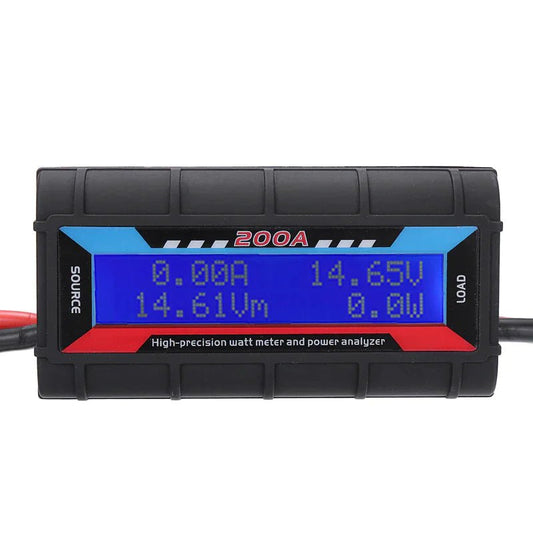 Mandotos International 200A DC LCD Power Analyzer for RC batteries and solar energy systems showing digital display and connection ports.