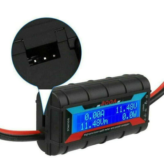 Mandotos International 200A DC LCD Power Analyzer displaying voltage, current, and power readings for RC batteries and solar systems.