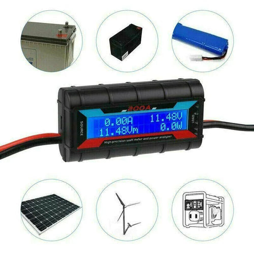Mandotos International 200A DC LCD Power Analyzer for RC batteries and solar power systems showing digital display and connection ports.