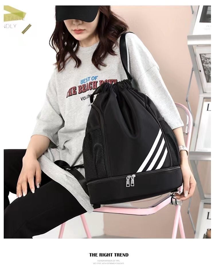 Mandotos International 2024 drawstring backpack with large pockets, ideal for outdoor training, travel, and gym activities.
