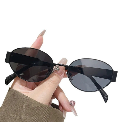 2024 women's geometric PC sunglasses by MANDOTOS INTERNATIONAL with elliptical metal large frame and personalized design.