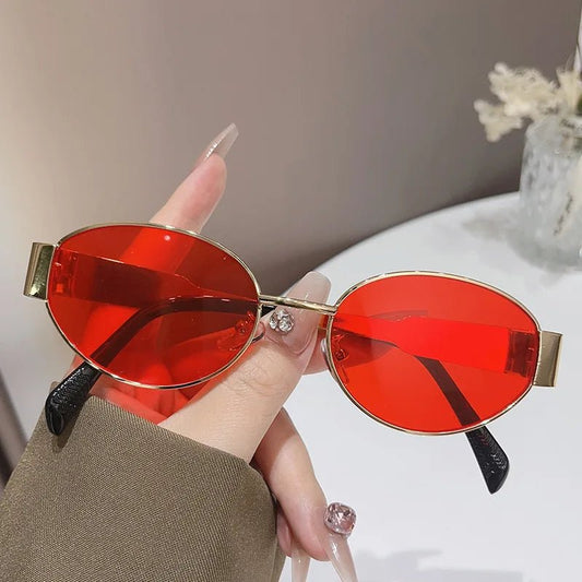 Women's 2024 geometric PC sunglasses by MANDOTOS INTERNATIONAL, elliptical metal frame, personalized large glasses for fashion.