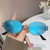 Women's 2024 geometric PC sunglasses by MANDOTOS INTERNATIONAL featuring personalized elliptical metal large frame glasses.
