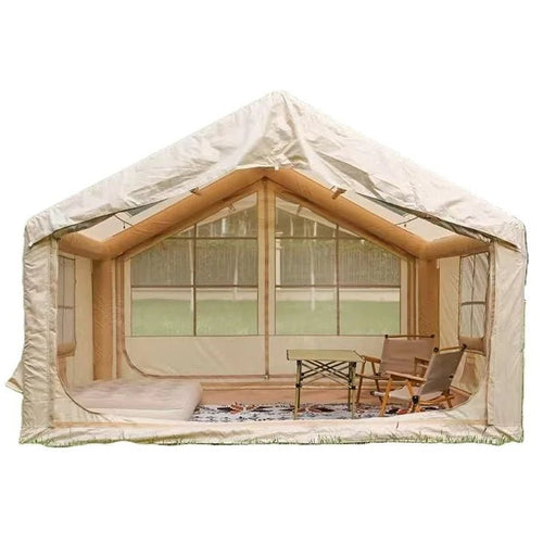 Large yellow inflatable family tent by MANDOTOS INTERNATIONAL, waterproof and airtight, ideal for outdoor camping adventures.