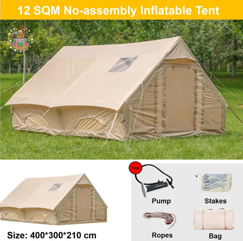 Large waterproof inflatable family tent by MANDOTOS INTERNATIONAL, ideal for outdoor camping with airtight, durable design.