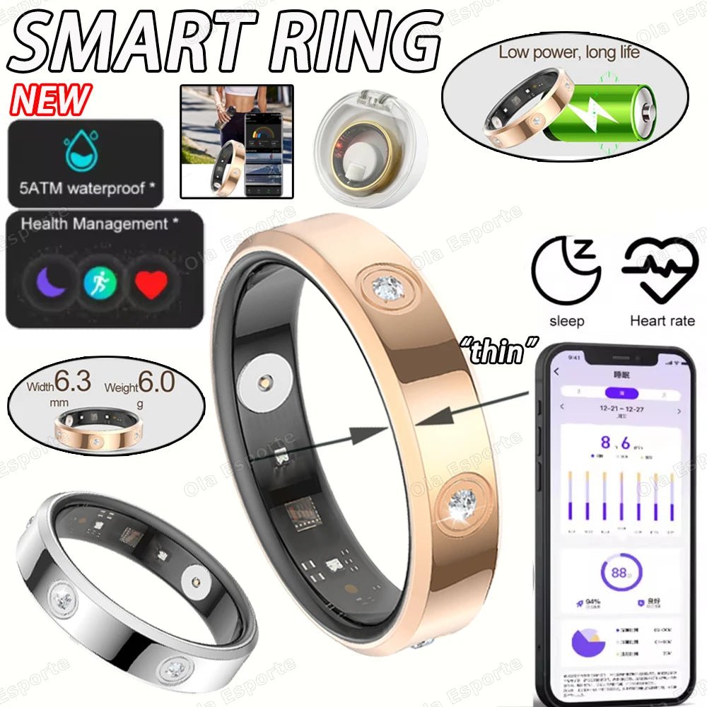 2025 Smart Ring Women Men Super narrow 6.3mm Heart Rate Health Stress measurement Monitor IP68 Waterproof Fashion Sports Rings - MANDOTOS INTERNATIONAL