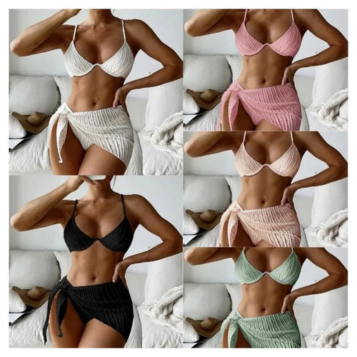 2026 3pcs Bikini Set Glistening Swimsuit Bikini With Cover up Dress Girls Swim Bathing Suit Beach Wear - MANDOTOS INTERNATIONAL