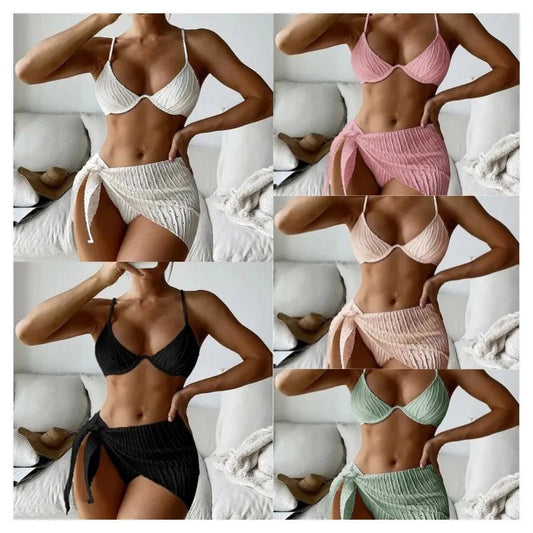 2026 3pcs Bikini Set Glistening Swimsuit Bikini With Cover up Dress Girls Swim Bathing Suit Beach Wear - MANDOTOS INTERNATIONAL
