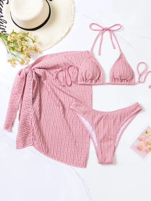 2026 3pcs Bikini Set Glistening Swimsuit Bikini With Cover up Dress Girls Swim Bathing Suit Beach Wear - MANDOTOS INTERNATIONAL