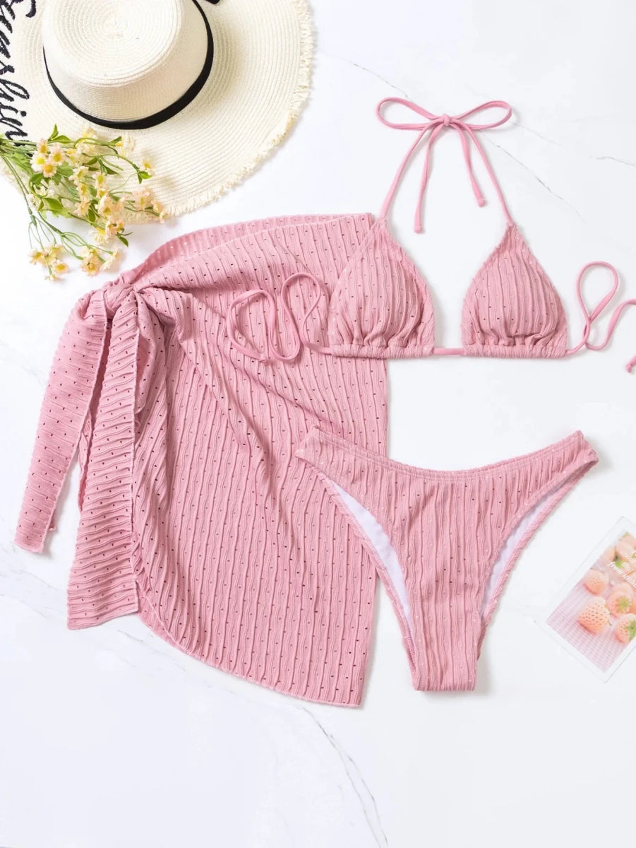 2026 3pcs Bikini Set Glistening Swimsuit Bikini With Cover up Dress Girls Swim Bathing Suit Beach Wear - MANDOTOS INTERNATIONAL