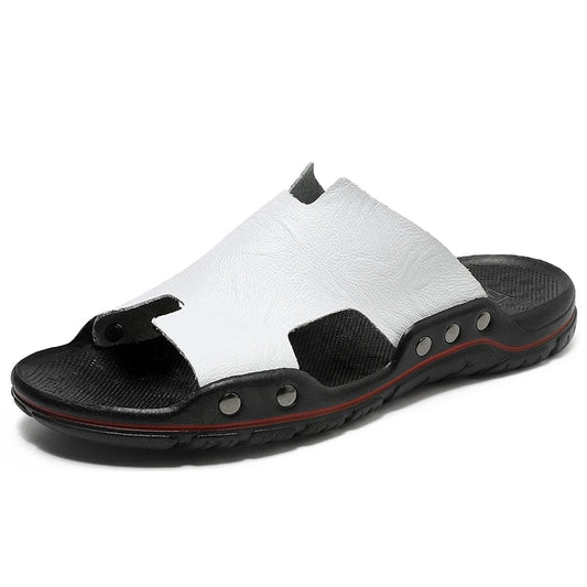 Retro leather men's summer beach slippers by MANDOTOS INTERNATIONAL, flat sandals with open toe design and casual style.