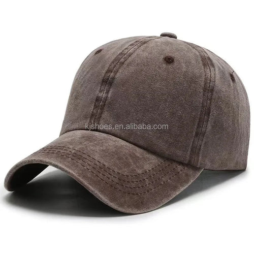 Mandotos International 2027 KJ retro-style denim baseball cap with wide brim, sunshade, duck tongue design, washed light plate finish.