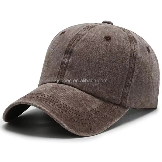 Mandotos International 2027 KJ retro-style denim baseball cap with wide brim, sunshade, duck tongue design, washed light plate finish.
