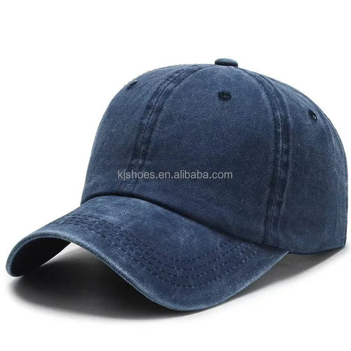 Mandotos International 2027 KJ retro-style denim baseball cap with wide brim, sunshade, duck tongue design, washed light plate finish.