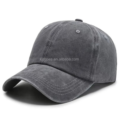 Mandotos International 2027 KJ retro-style denim baseball cap with wide brim, sunshade, duck tongue design, washed light plate finish.