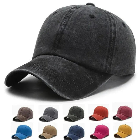 Mandotos International 2027 KJ retro men's and women's denim baseball cap with wide brim, sunshade, and duck tongue design.