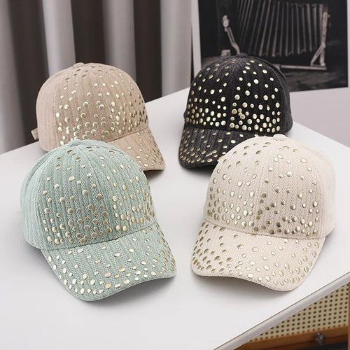 Sparkle rhinestone studded adjustable baseball cap for women and men, sporty outdoor sun hat with bling embellishments.